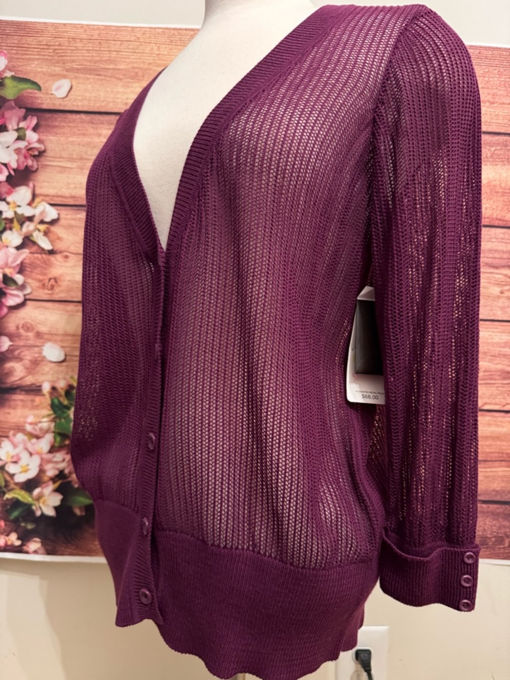 Fever Plum Sheer Knit Cardigan Button Front Lightweight Layer Va Va Violet Sz M